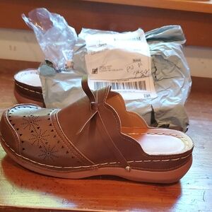 Brown Leather Slip-On Clogs